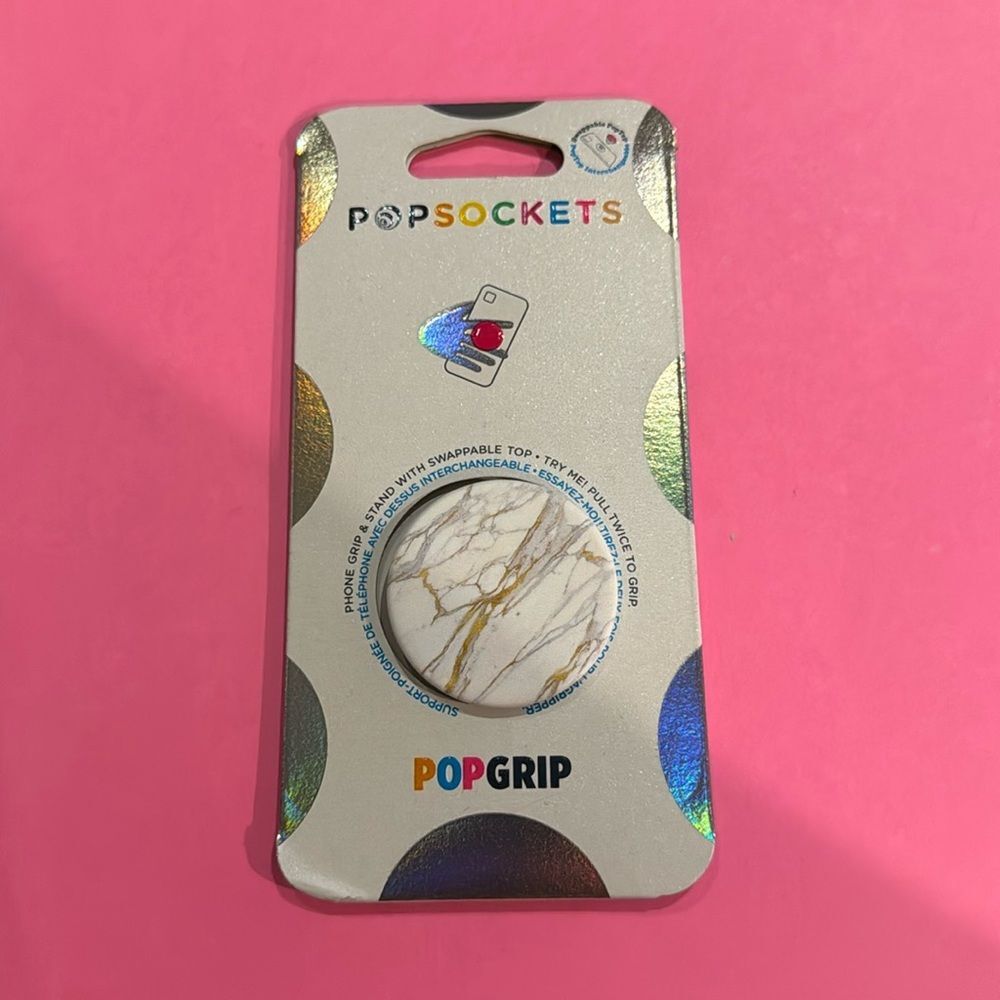 Popsocket Pop Grip White w Silver & Gold Marble Pop Socket Swappable Pop Top